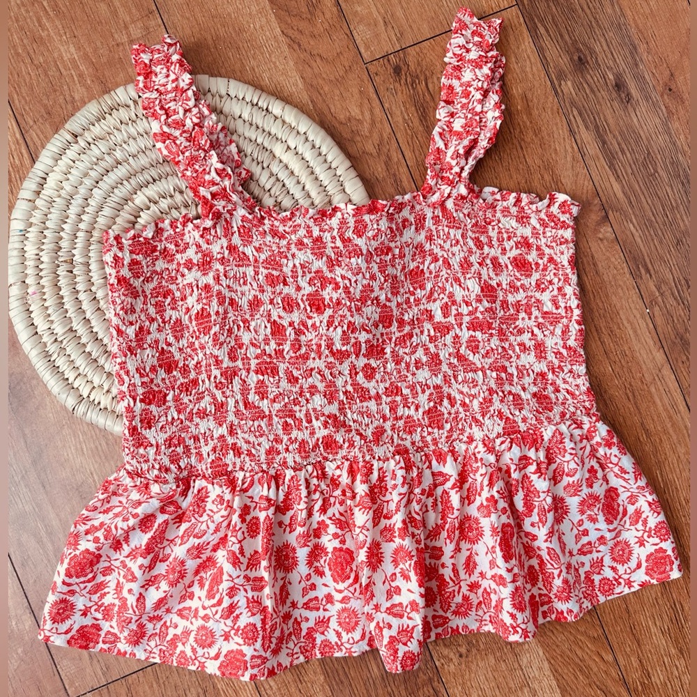 Smocked Cream and Salmon Colored Floral Women's Sleeveless Top